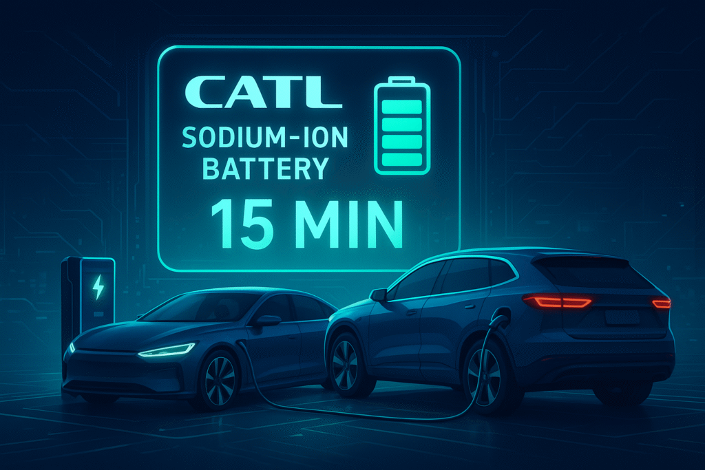 Two electric vehicles charging at a station with a digital sign displaying CATL Sodium-Ion Battery and 15-minute fast charging.