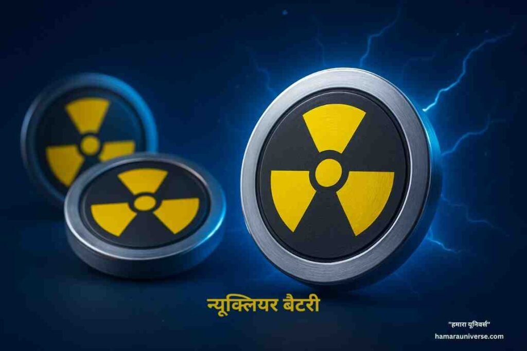एक डिजिटल ग्राफिक जिसमें न्यूक्लियर बैटरी तकनीक को दर्शाया गया है, चमकते सर्किट और एटॉमिक प्रतीक ऊर्जा के भविष्य की झलक दिखा रहे हैं।