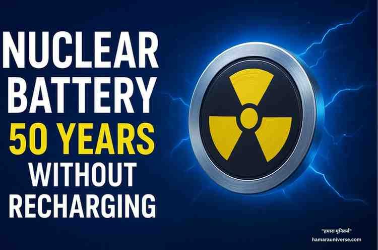 एक डिजिटल ग्राफिक जिसमें न्यूक्लियर बैटरी तकनीक को दर्शाया गया है, चमकते सर्किट और एटॉमिक प्रतीक ऊर्जा के भविष्य की झलक दिखा रहे हैं।