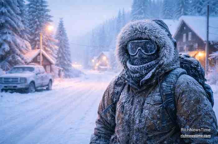 A person covered in frost braving extreme –55°C winter in a snow-covered northern Canadian village at twiligh
